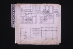 1/2 inch scale details of hall and front stairs -- east elevation of hall with joining of window casings on stairs; casement (same detail for screens to this window); section thro' stairs; stair plan; west elevation and part plan of hall : 9.