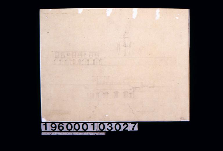 Elevations of arches and court\, plan of court\, unidentified perspective sketch