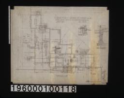 Foundation plan; 3/4 inch scale section of foundation wall on A-A; 1/4 inch scale sect'n of living r'm chimney footing; 1 1/2 inch scale section of general foundation wall; 3/4 inch section of garage footing; detail drawings of -- girder post footings\, footing for kitchen chimney\, and section B-B : Sheet no. 1\,