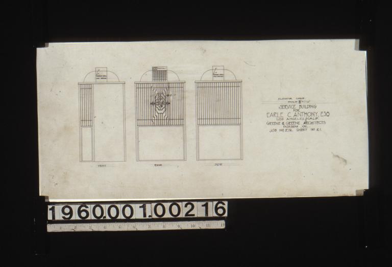 Elevation of elevator cage -- front\, rear\, side : Sheet no. 21.