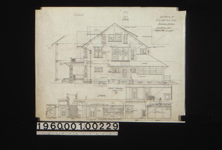 North elevation\, section through wall; details -- section showing living room (showing nook & mantel)\, hall and parlor\, elevations of side of nook and stairs : 6.