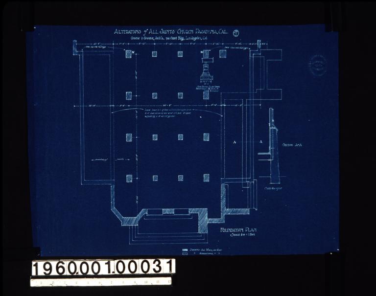 Foundation plan of vestibule end of church; two sections trough foundation : No.1.