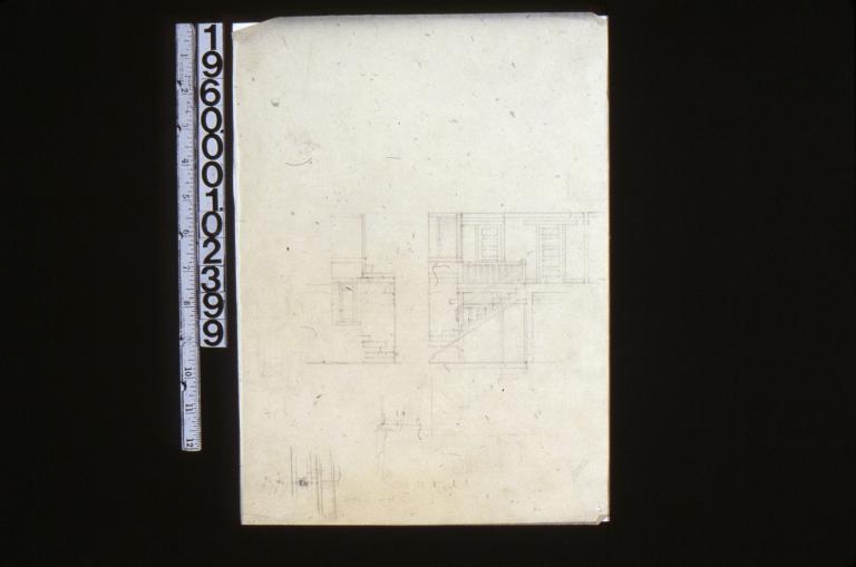 Section through stairs looking north\, section through stairs looking east\, unidentified detail sketches