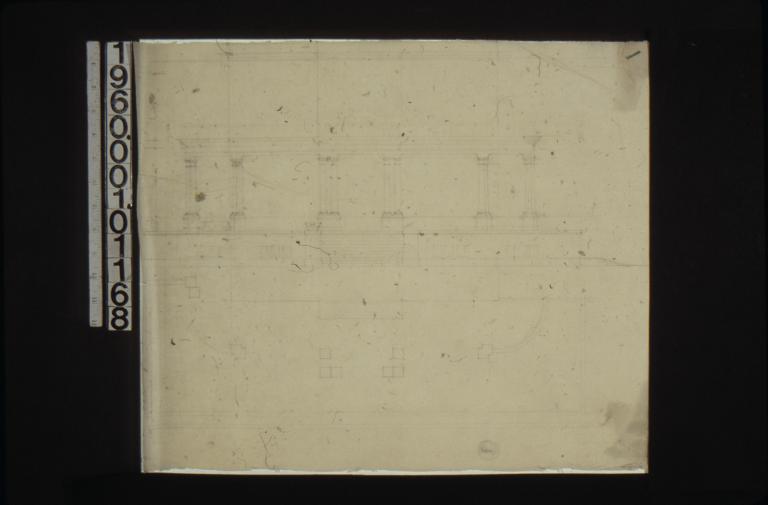 Elevation of steps and front of patio with pillars\, plan of patio
