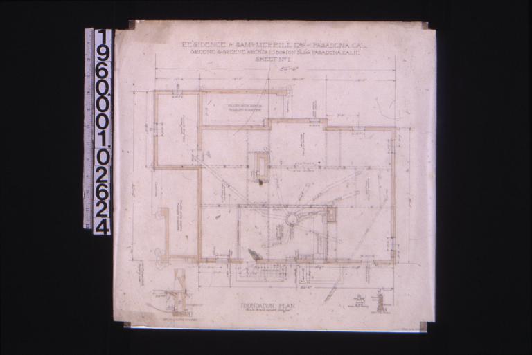 Foundation plan; details -- section thru living r'm chimney\, girder post footing\, section thru wall : Sheet no. 1.