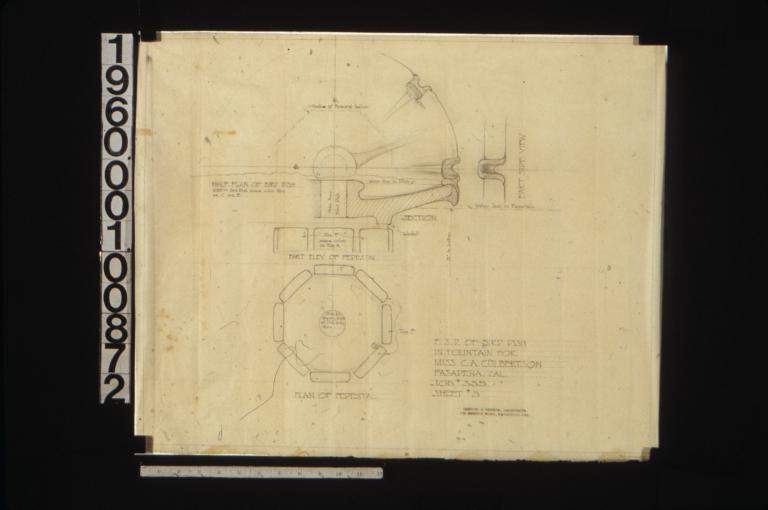 F.S.D. of bird dish in fountain -- section and half plan of bird dish\, part elev. of pedestal\, plan of pedestal\, part side view of dish : Sheet #3.