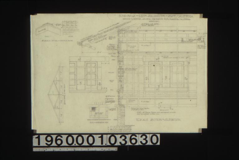 Detail of shingle ridge -- end\, side; detail of roof truss; elev. of foundation vent; section and elevations of wall and windows with part elev. of door openings in partitions : Sheet no. 7. (2)