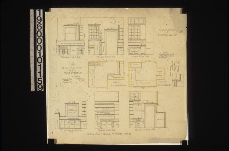 1/2 inch scale details of pantries -- plan of butler's pantry\, elevation of west side\, elevation of north side\, elevation of east side; plan of kitchen pantry\, part elevation of west side showing finish around alcove\, elevation of north side\, elevation of east side\, elevation of south side : 35.