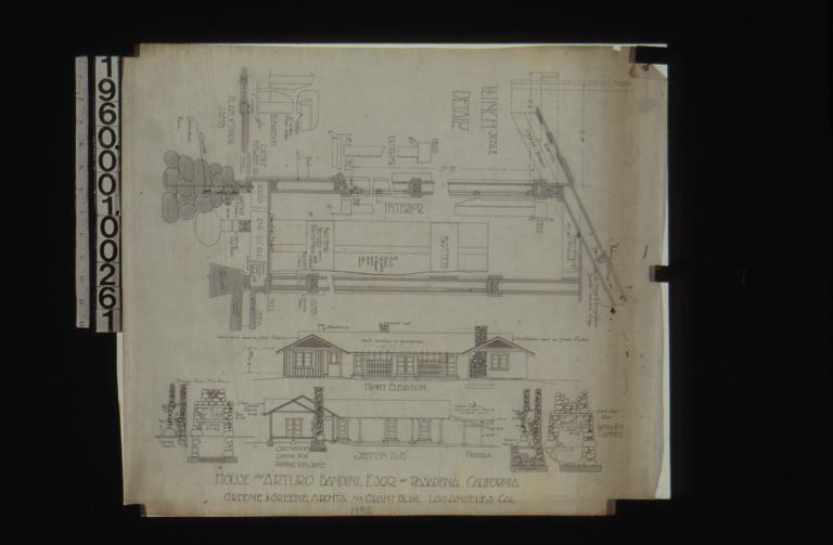 1 1/2 inch scale details -- sections through walls showing framing for doors and windows\, plan of door jamb; front elevation\, section A-B showing living rm. and pergola\, front and side elevations of dining room fire place\, front and side elevations of living rm. chimney : No. 2.