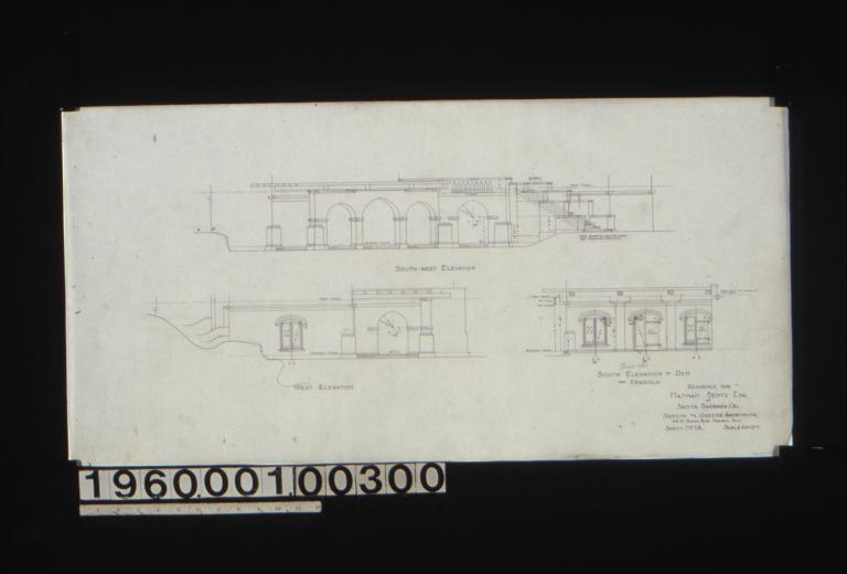 Masonry (lower) portion of house -- southwest elevation\, west elevation\, south elevation of den from pergola : Sheet no. 1A.
