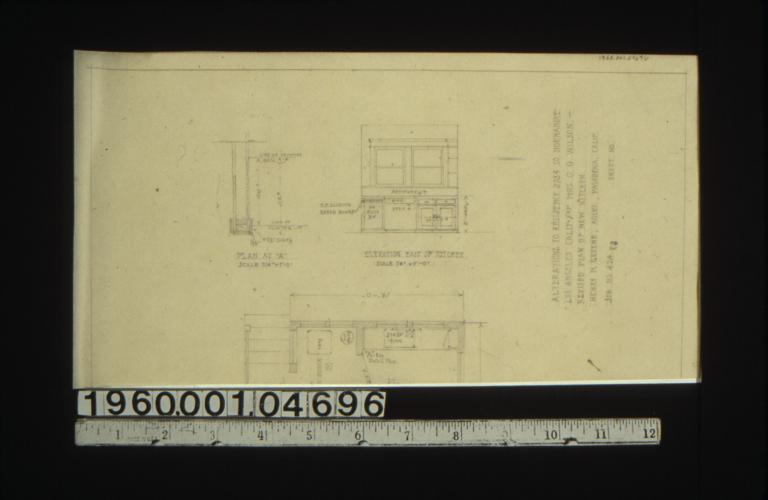 Elevation of east side of kitchen\, plan at "A"\, part plan of kitchen.