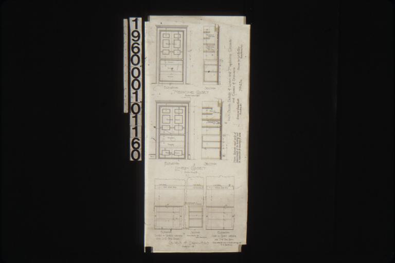 Inch scale details of linen and medicine closets and cases of drawers -- medicine closet in elevation and section\, linen closet in elevation and section\, cases of drawers in elevation of cases in closets opening into S.E. bedroom\, section (same section for both elevation)\, and elevation of case in closet opening into S.W. bedroom (same detail for case in closet opening into N.E. bedroom) : No. 45a.