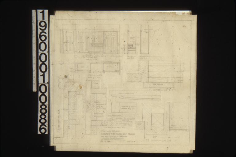 Details in SouthEast bedroom -- elevation of north side\, section on line B-B\, section on line C-C\, plan of closets\, F.S. sections\, plan of drawer pulls\, elevation of end of drawer pull : Sheet no. 10.
