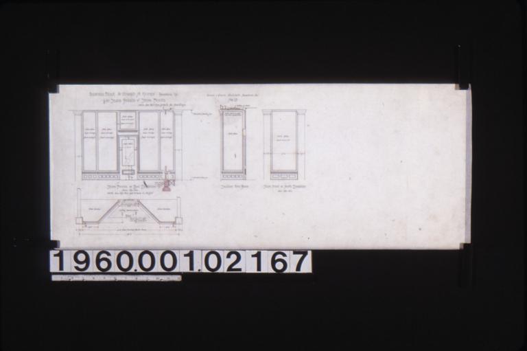 1/2 in. scale details of store fronts -- elevation\, plan\, partial section of store fronts on east elevation (three like this\, one like this but 6" more in height)\, section thro' door; elevation of store front on north elevation (one like this) : No. 15.
