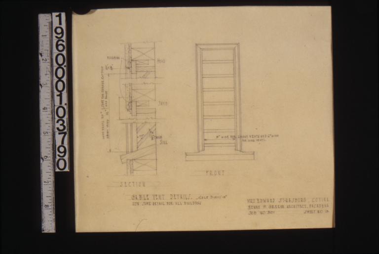 Gable vent details (use same detail for all buildings) -- section\, front elevation : Sheet no.13.