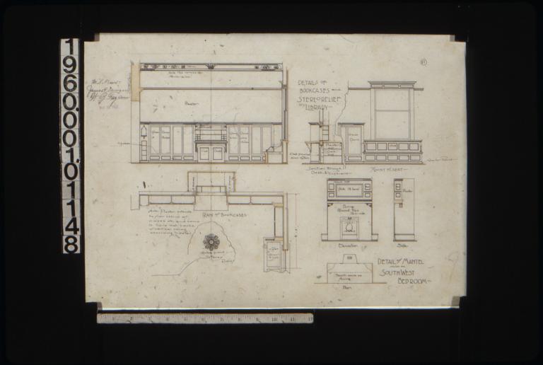 Details of bookcases and stereo relief in library -- elevation with section through seat\, section through desk & cupboard\, elevation of front of seat\, plan of bookcases\, reflected ceiling plan of centre piece of stereo relief; details of mantel in southwest bedroom -- front elevation\, side elevation\, plan : 11.