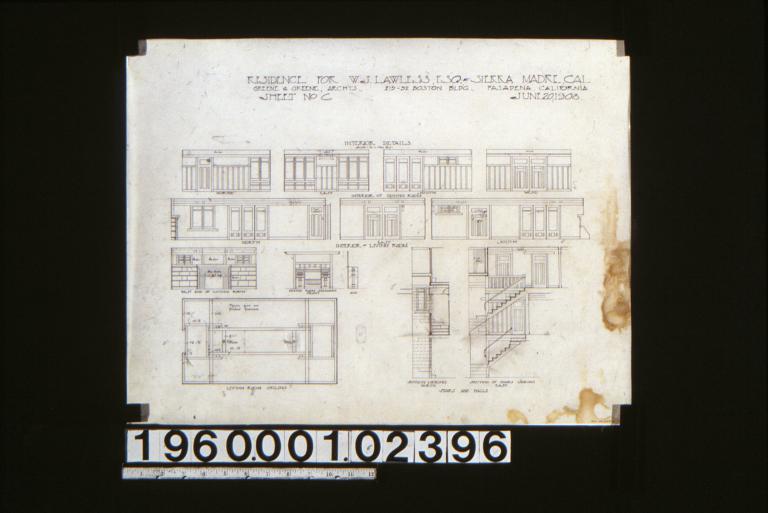 Interior details -- interior of dining room in elevations -- north\, east\, south\, west; interior of living room in elevations -- north\, east\, south\, west; front and end elevations of dining room sideboard; plan of living room ceiling; stairs and halls -- section looking north\, section of stairs looking east : Sheet no. 6\, (2)