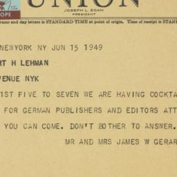 Telegram: 1949 June 15