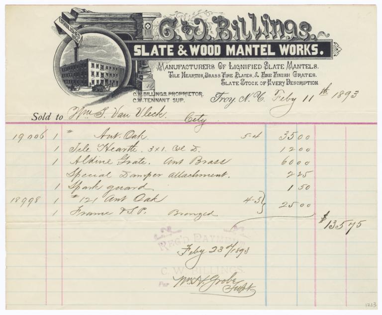C. W. Billings Slate and Wood Mantel Works. Bill - Recto