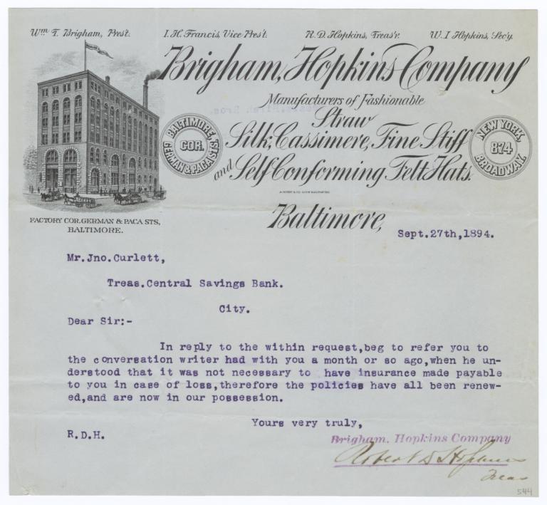 Brigham, Hopkins Company. Letter - Recto