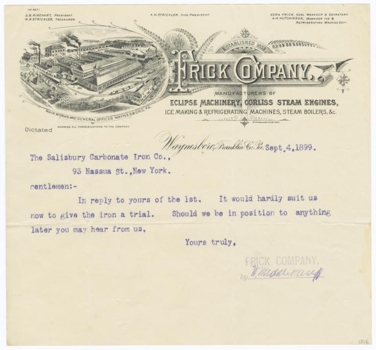 Frick Company. Letter - Recto