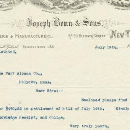 Joseph Benn & Sons. Letter