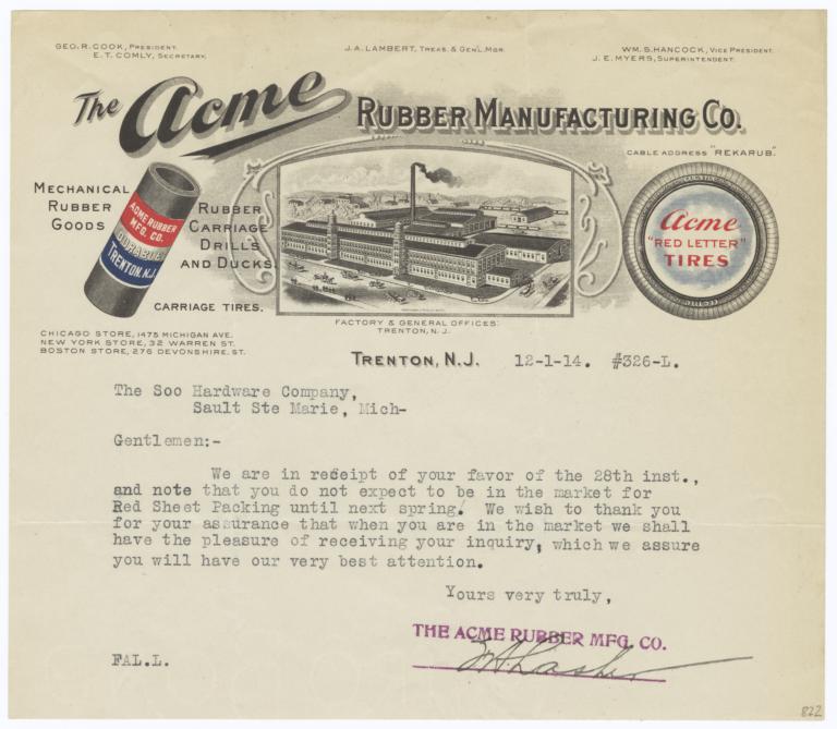 Acme Rubber Manufacturing Co.. Letter - Recto