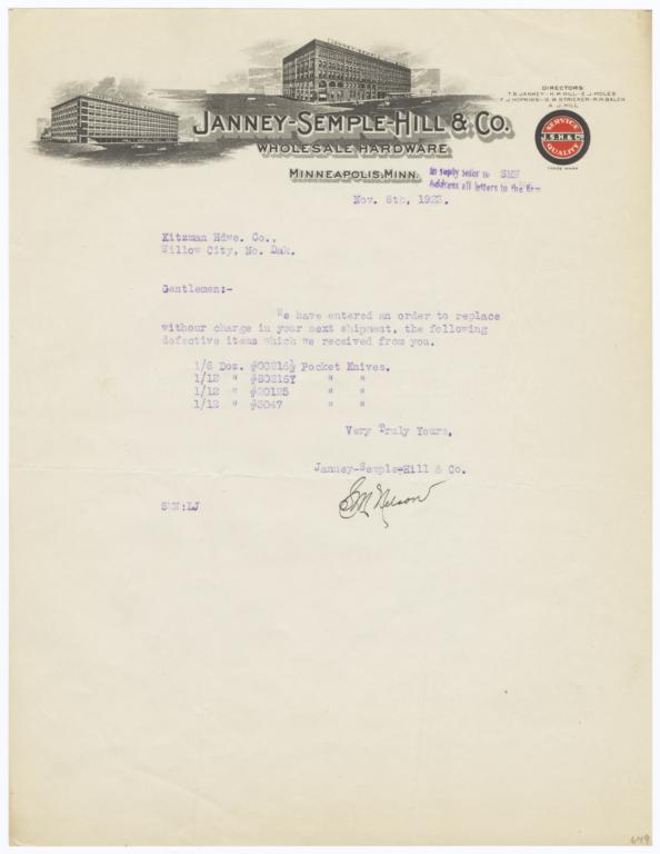 Janney-Semple-Hill & Co.. Letter - Recto
