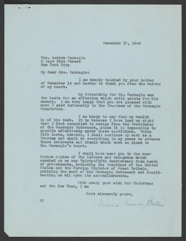 Typed letter signed to Louise Whitfield Carnegie