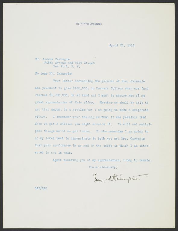 Typed letter signed to Andrew Carnegie requesting a grant for Barnard College