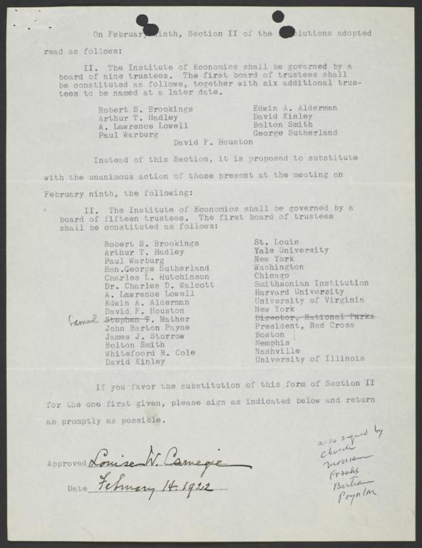 Resolution by Carnegie Corporation of New York Board of Trustees regarding proposed changes in the composition of the future Institute of Economics Board of Trustees, signed by Louise Carnegie
