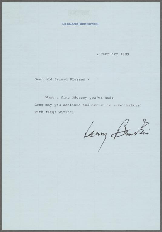 Letter of congratulations from Leonard Bernstein to Ulysses Kay on Kay's retirement